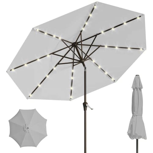 Image of 9' Solar LED Patio Umbrella with Tilt & Crank|8 Sturdy Ribs,UV Protection,Outdoor Market Table Umbrella for Deck,Lawn,Pool,Backyard(Light Gray)