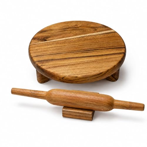 Image of Teak Wood chakla belan Set | chapati Board, (10x10x1.5 Inches) | chakla belan Stand and 2 spatulas Free I (Chakla Block Set)
