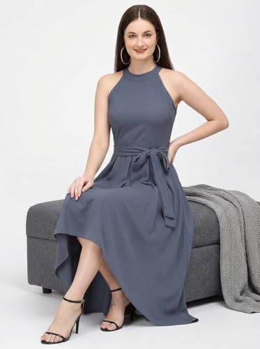 Image of Women Fit & Flare High Low Midi Dress | Sleeveless Round Neck One Piece Dress with Waist Tie Detail | Flowy Western Dress for Party and Casual Styling