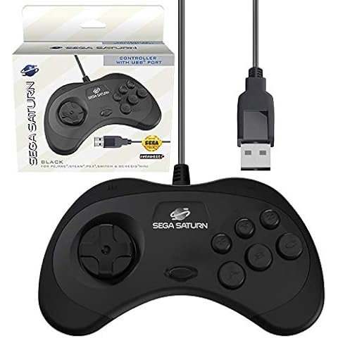 Retro-Bit Official Sega Saturn USB Controller Pad (Model 2) for Sega Genesis Mini, PS3, PC, Mac, Steam, Switch - USB Port (Black) Cover