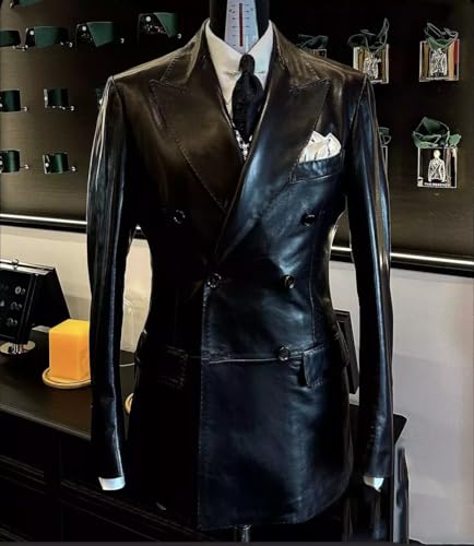 Fashion Men's Leather Blazer Double Breasted Jacket Peak Lapel Coat Leisure Regular Fit Tuxedos for Evening Party2