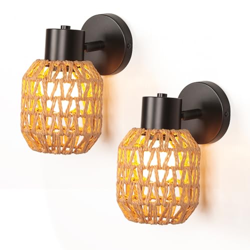LIGKIN 2 Piezas Aplique Pared Vintage E27 Lámpara de Pared Industrial Diseño Pantalla de Jaula de Metal Cuerda, Aplique de Pared Retro Lámpara Pared para Cocina Escalera Pasillo