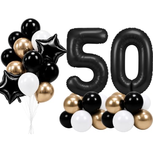 Image of PartyWoo Black Number 50 Balloon 40 Inch 25pcs Black Foil Star White Gold