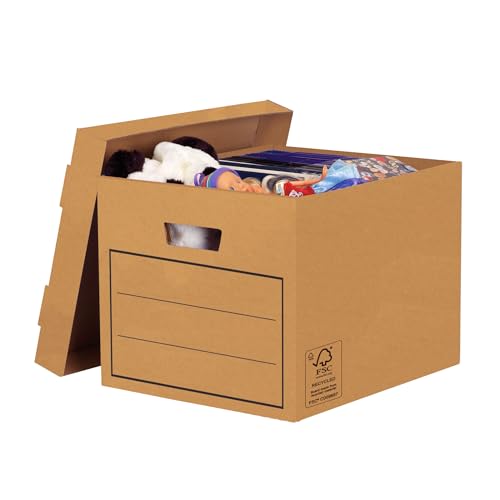 BANKERS BOX Aufbewahrungskarton mit Deckel aus stabiler B-Flute Wellpappe, braun, für Haushaltsgegenstände, Spielzeug, Dokumente, 100% recycelt und recycelbar, 10 Stück
