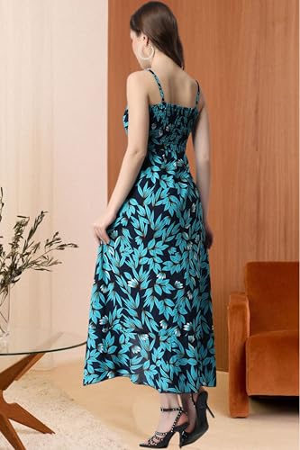 Image of POPWINGS Blue Floral Printed Maxi Length Fit & Flare Dress for Women || Summer Stylish Dress for Women Western