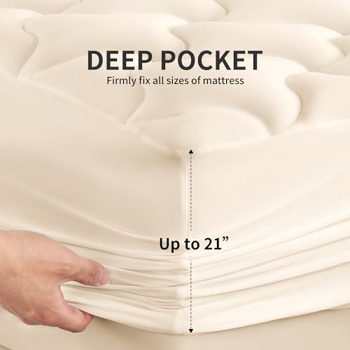 SLEEP ZONE Mattress Pad Twin Size, Elastic Fitted Mattress Protector for Kids, Deep Pocket 8~21 inch Mattress Topper, Machine Washable, Microfiber, Easy Care (Beige, Twin)