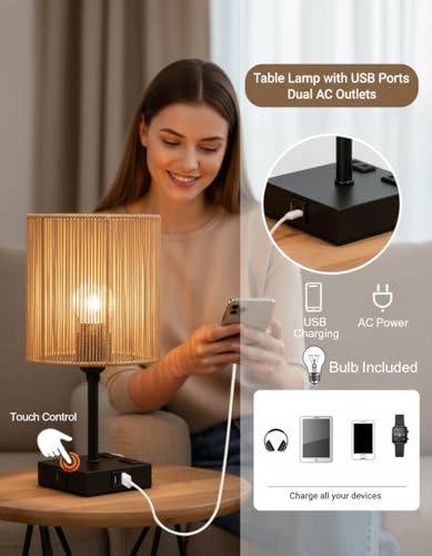 Image of Homesake Touch Table Lamp with USB A + Type C Charging Ports Dual AC Outlets, Touch Control, Medium Size, Bulb Included Night Stand, Bedside Desk Light Bedroom Living Room Office, (Raffia Rectangle)