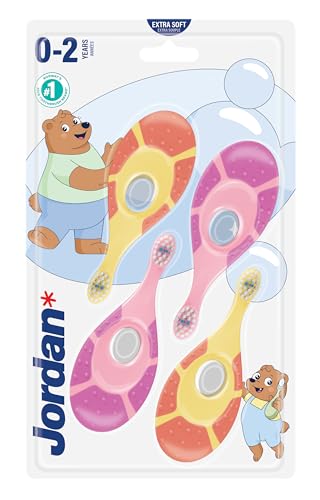 Jordan | Step 1 Baby Zahnbürste | Baby Zahnbürste 0-2 Jahre | Die Original Kleinkindzahnbürste mit extra weichen Borsten und weichem Beißring für Babygummis und Easy Grip | Rosa und Lila | 4-pack
