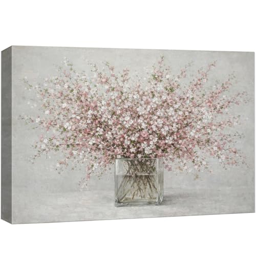 wall26 Canvas Print Wall Art Pink Blossoms in Square Glass Vase Floral Digital Art Realism Rustic Scenic Nature Photography Colorful for Living Room, Bedroom, Office - 16"" x 24""
