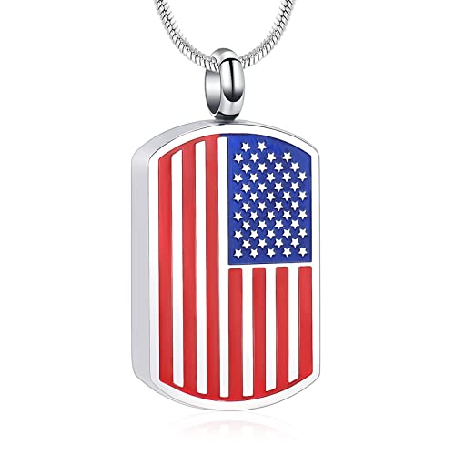 American Flag Cremation Jewelry for Ashes for Loved Ones Urn Necklace Memorial Keepsake Ashes Holder for Pets Dogs Cats(Silver 2)