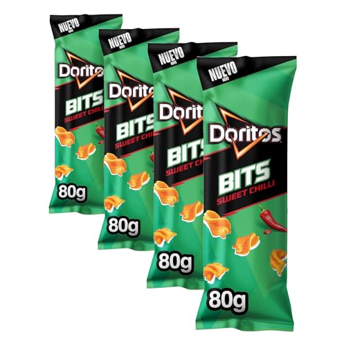Doritos Chilli snack crujiente sabor chilli con un toque picante, Bolsa individual para picar, 80g (Paquete de 4)