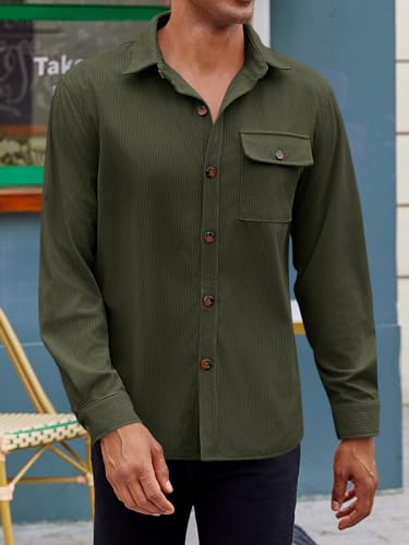Runcati Mens Corduroy Button Down Jacket Casual Long Sleeve Shirts Ribbed Lightweight Shacket Jacket with Flap Pocket2