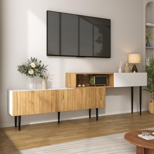 BTM Moderner TV-Schrank mit Verstellbarer Länge, Modulares 2-teiliges Design, Holzoptik + Weiß matt, Schwarze Metallbeine… – Ansicht 5