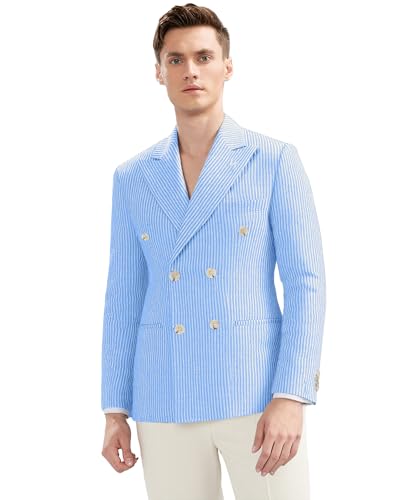 Men's Seersucker Double Breasted Blazer Lightweight Striped Suit Jacket Summer Beach Weddign Prom