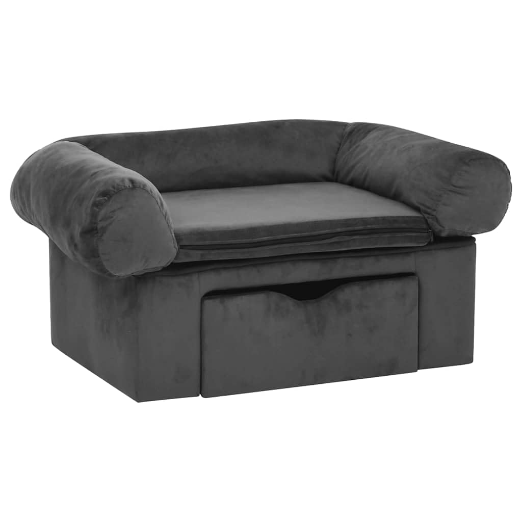 Hundesofa mit Schublade Dunkelgrau 75x50x38 cm - Haustiersofa aus Kiefernholz und Plüsch, Bequemes Katzensofa mit Stauraum für Hundezubehör, Stabiles Tierbett für Wohnzimmer und Schlafzimmer