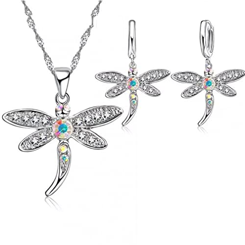 CPYGMXI 925 Colored Cubic Zircon Necklace Earrings Jewelry Sets for Women Crystal Dragonfly