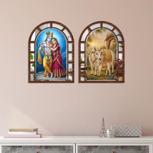 Image of Artvibes Spiritual Radha Krishna Decorative Wall Hanging | Wall Jharokha Mirror Wall Decor for Living Room, Hall, Bedroom, Prayer Room, Lobby & Office | Gift (WHJ 12051N), Set of 2