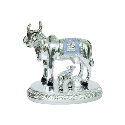Image of Oval Base Silver Cow with Calf Small | Silver Plated Kamadhenu Idol for Pooja, Vastu, Festival, Diwali,Mandir Decor & Auspicious Gift | Hindu God for Temple | Size 8.5 cm x 5 cm x 5.5 cm