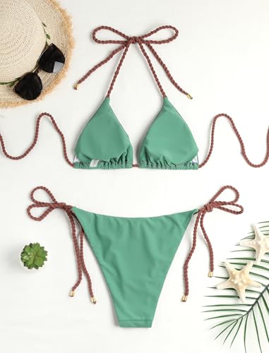 Image of ZAFUL 2 Piece Triangle Bikini for Women Knitted Rope Halter Bikini Sets Sexy Bathing Suit Side Tie Swimsuits Beachwear
