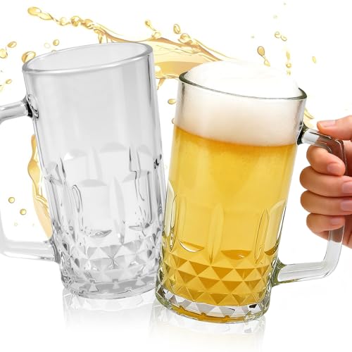 YBCCBY 2 Pack Beer Glasses with Handles 17.6 Oz/500ml Classic Beer Glass Freezer Beers Stein Clear Glass Beers Reusable Tankard Mug Water Cups for Cocktail Juice Soda Cider and Ale