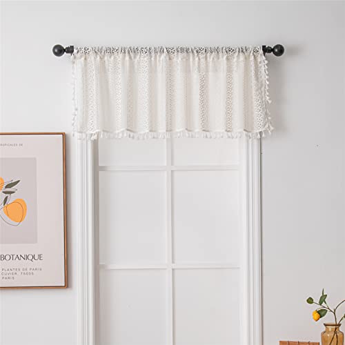 Deeprove Kitchen Curtain 24 Inch Length Set, Short Boho Sheer Lace Crochet Valance Tier Knitting Handmade Macrame Tassels For Dinning Room, Vintage Shabby Chic Home Decor W59 X L24, 1 Panel, White #TOP5