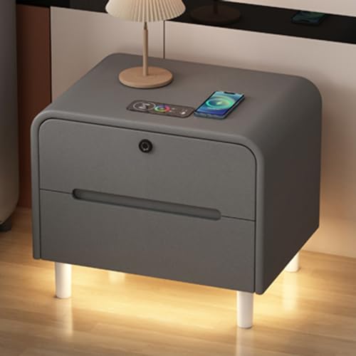 Double Drawer Bedside Table with Wireless Charging, Solid Wood Bedside Table with Sensor Night Light, Modern Side Table Cabinet with Fingerprint Lock, Suitable for Bedroom, Living Room, etc. (Color :