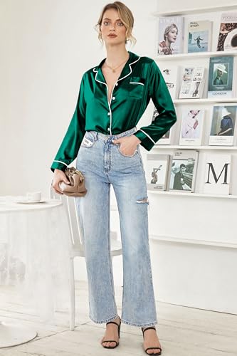 Image of Ekouaer Women Satin Pajamas Set Classic Button Down Long Pjs Set