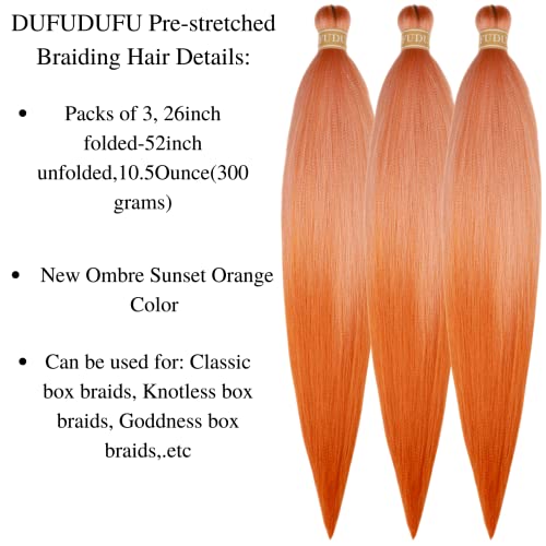 Ombre Sunset Orange Braiding Hair Pre Stretched Kanekalon Knotless Braiding Hair For Braids Packs Of 3,26",10 Oz #TOP1