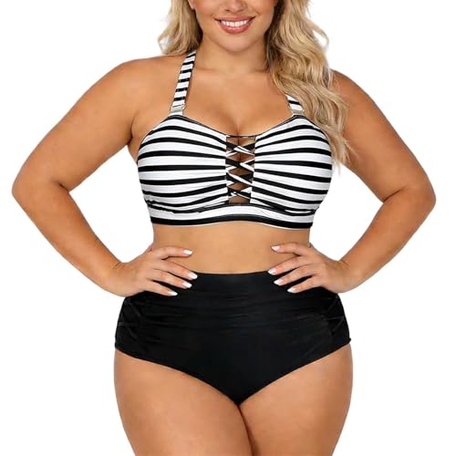 Generisch Bikini Pantalones Mujer Negro Elegante Tankini de dos Piezas Conjunto con Bragas de Corte Alto Fruncido Para Vacaciones en la Playa Piscina Traje de Baño Bikini Abdomen Tallas Grandes Push