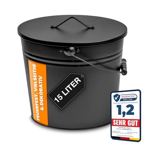 ORA-TEC Ascheeimer 15L mit Deckel Kohleeimer Schwarz Matt Stahl feuerfest verzinkt & pulverbeschichtet Kamineimer mit Holzgriff Aschebehälter für Kamin Ofen & Grill