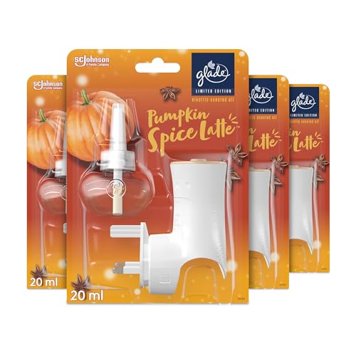 Glade Plug in Air Freshener Holder and Refill Electric Scented Oil Room Air Freshener Pumpkin Spice Latte Pack of 4 Starter Kits (4 x Holder and 4 x 20 ml Refill)