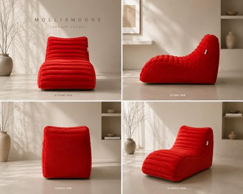 Image of Mollismoons Faux Fur Bean Bag Chair Cover for Adults & Kids | Luxury Lounger & Round Floor Sofa Seating | Modern Cozy Feel | No Beans Included (Red, Lounger)