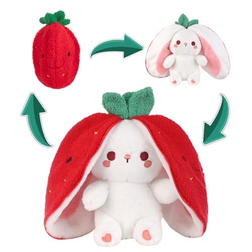 Emoin Bunny Stuffed Animal Reversible Cuddle Strawberry Bunny Plush Transformed Rabbit Toy Plush with Zipper Easter Bunny Plushies Gifts for Baby Boys Girls-7Inch
