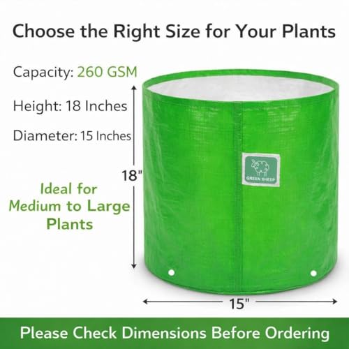 Image of GREENSHEEP HDPE Grow Bag Heavy Duty 260 GSM Round Plants Flower Growing Bags Floor Standing Mount Type for Home Garden Balcony Terrace Kitchen Nursery (Green, 15x18 inch, Pack of 6)