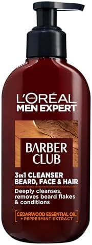 L’Oreal Paris Men Expert Cleansing 3-in-1 Beard, Face & Hair Wash 200ml, Barber Club Wash With Cedarwood Essential Oil, Deeply Cleanses and Removes Beard Flakes