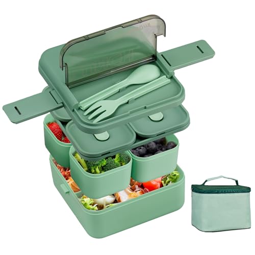 Kryndle Bento Lunch Box Stackable, 1800ml Leakproof Lunchbox with 4 Compartments, 2 Layers, Includes Insulated Bag and Cutlery Set, for School and Office Use (Green)