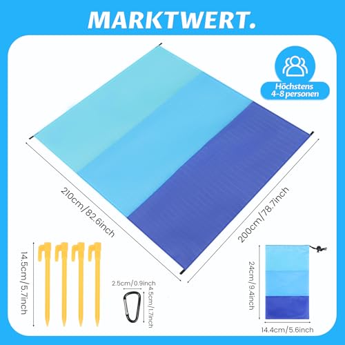 KufaerBeam Stranddecke Sandfrei 210x200 cm, Ultraleicht & Wasserdicht XXL-Strandmatte mit 4 Befestigung Ecken, Wasserdicht Strandmatte, Picknickdecke mit Tragetasche für Strand, Camping & Outdoor