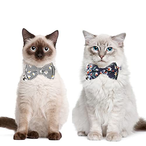 Image of Cat Collar Breakaway with Bells,Cute Cat Bow Tie,2 Pack Safety Plaid& Flower Kitten Collar for Girl Boy Male Cats(Dark Blue & Black Plaid /Flower)