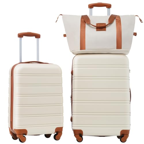 2-Piece Hardshell Spinner Luggage Set with TSA Locks, Lightweight 20-inch & 24-inch Suitcases (Brown+White + ABS)