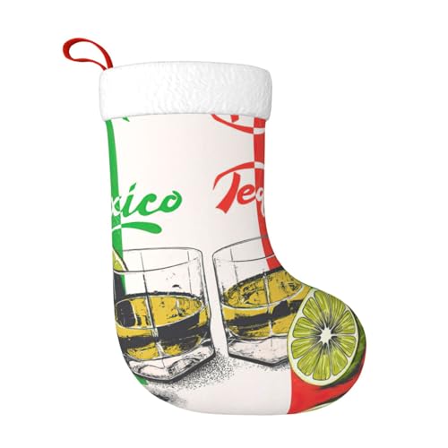 Uusnwaa Chaussettes de Noël imprimées drapeau mexicain et tequila, avec revers en peluche super douce blanche pour décoration de vacances en famille