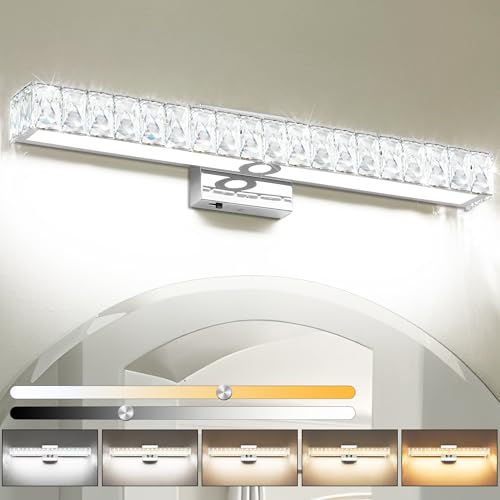 Image of SOLFART Crystal Bathroom Lighting Fixtures Over Mirror, 24 Inch Chrome LED Vanity Light, 5 Color Adjustable 5CCT