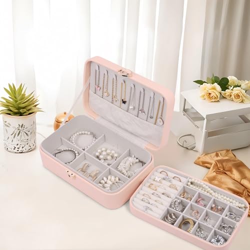 Image of BucketList Large PU Leather Jewellery Organizer Box with Necklace Hooks | Multi-Layer Jewelry Storage Case with Removable Tray & Secure Lock (PU Leather with Removable Tray (Pink))