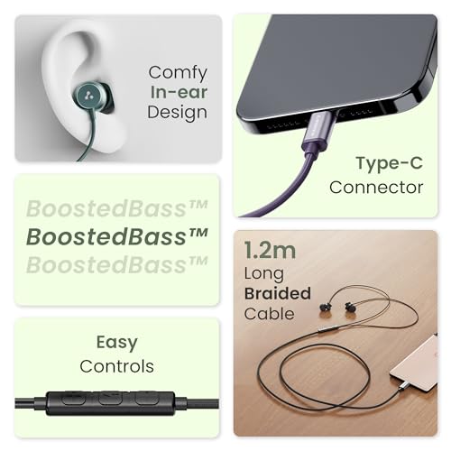 Image of Ambrane Type-C Wired in-Ear Earphones with Mic & Control Buttons | 10 mm Dynamic Drivers | Clear Calls & Boosted Bass | Long 1.2 m Cable | Compatible with Type-C Phones & Tablets, iPhone
