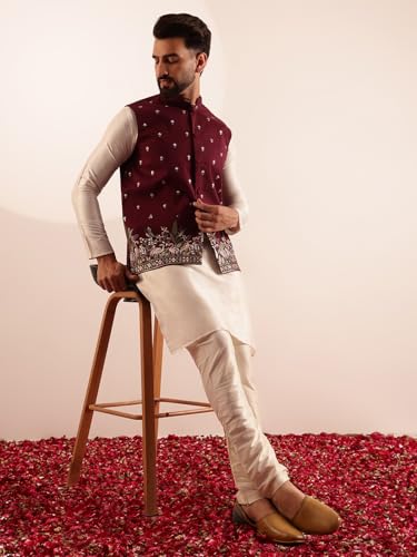 Image of SOJANYA Men's Silk Blend Cream Kurta and Pyjama With Daman Embroidered Nehru Jacket