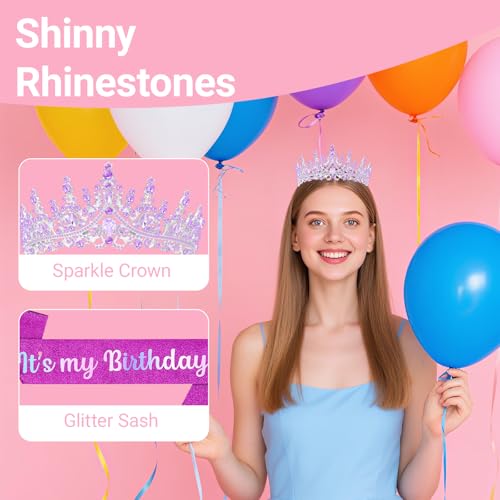 Birthday Tiara and Crown with Sash, Birthday Tiara for Women Party (Purple)