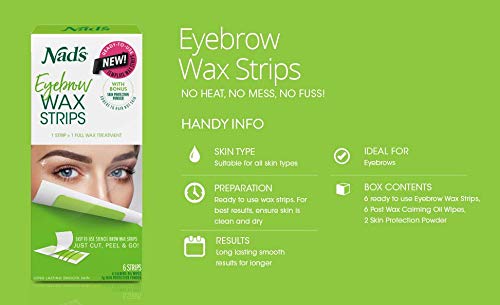 Nad's Eyebrow Wax Strips - Facial Hair Removal for Women - Eyebrow Wax Kit with 6 Eyebrow Waxing Strips + 6 Calming Oil Wipes + 2g Skin Protection Powder, 1 Count