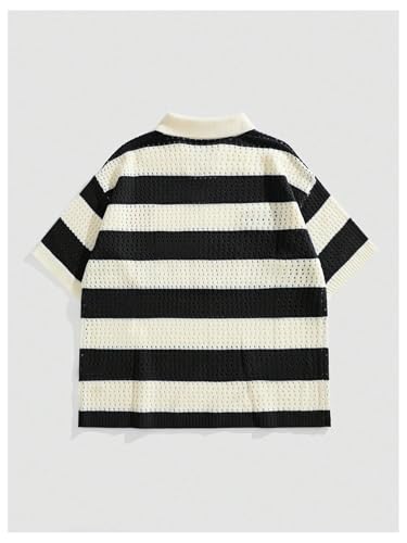 Men's Striped Crochet Tops Hollow Out Color Block Letter Embroidered Short Sleeve Sweaters2