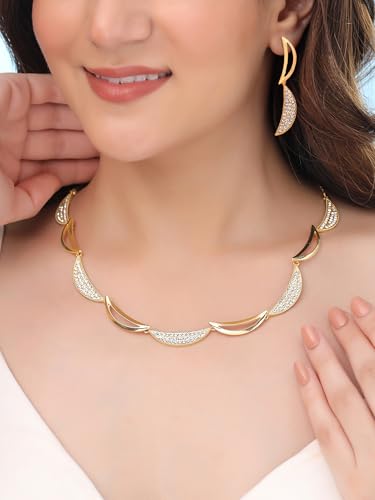 Image of Yellow Chimes Necklace Set for Women | White Stone Necklace Set | A5 Crystal Jewellery Set for Women | Luxe Layers | Rose Gold Plated Necklace Set | Birthday Anniversary Gift for Women Wife