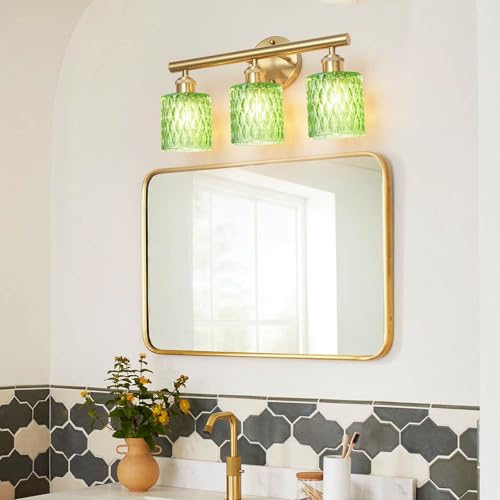 Image of Bathroom Vanity Light, Gold Wall Fixture Over Mirror, Green Glass Shade Lighting with Bulbs Included for Bedroom & Living Room,3-Lights