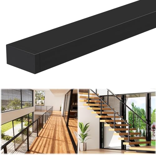 Image of Modular 1Pack 12FT Stainless Steel T304 Black Handrail for Cable Railing with Nylon End Cap Kits, 2.36 inch W x 1.18 inch H Cuttable Flat Handrail Rectangular Top Rail for Stair Railing Indoor Outdoor